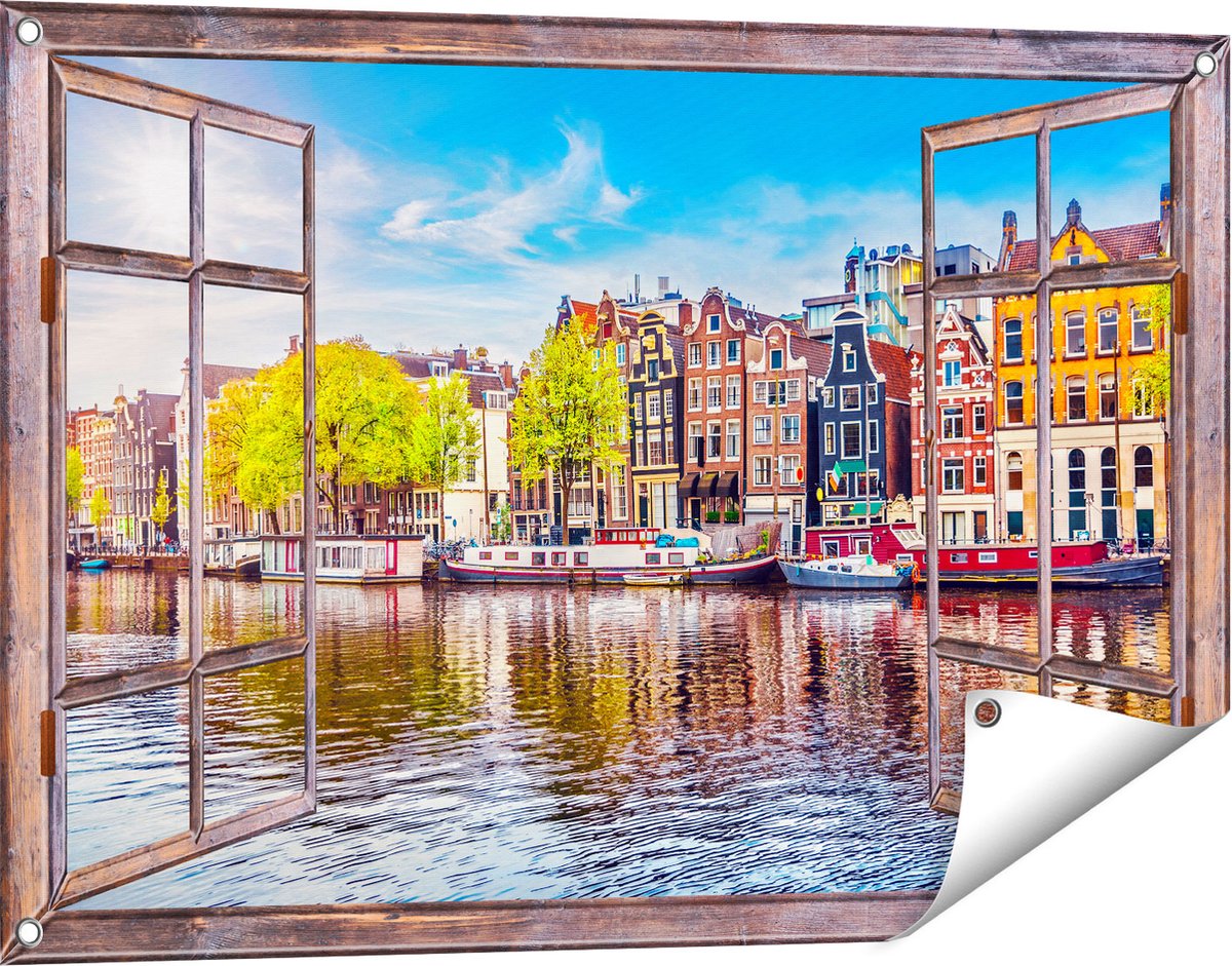Gards Tuinposter Doorkijk Amsterdamse Huisjes aan het Water - 90x60 cm - Tuindoek - Tuindecoratie - Wanddecoratie buiten - Tuinschilderij Bruin