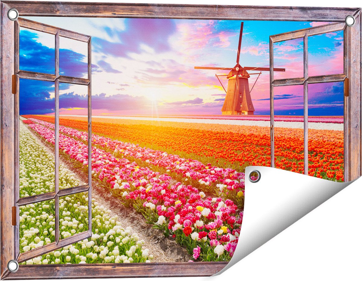 Gards Tuinposter Doorkijk Kleurrijke Bloemenveld met een Windmolen - 60x40 cm - Tuindoek - Tuindecoratie - Wanddecoratie buiten - Tuinschilderij