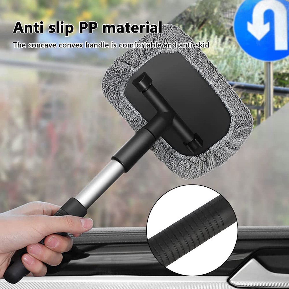 Autowasborstel met telescoopsteel Set met 4 wasborstelhoezen, ruitenreiniger auto voorruitreiniger autoschermen binnenreiniger, grijs microvezel reinigingsborstel auto reinigingsset