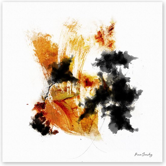 Dibond - Reproduktie / Kunstwerk / Kunst / Abstract / - Wit / zwart / bruin / geel - 100 x 100 cm