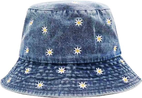 Bucket hat Denim - One Size Zonnehoed Vissershoed Strandhoedje Bloemenprint Spijker Hoedje Madelief - Donkerblauw