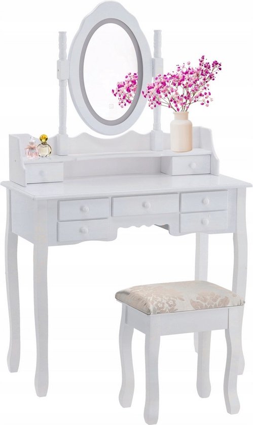 WOLTU Make-uptafel met verlichting, spiegel, kruk, voor slaapkamer, grote kaptafel met 5 laden, in hoogte verstelbaar, draaibaar, kaptafel met zijcommode, wit