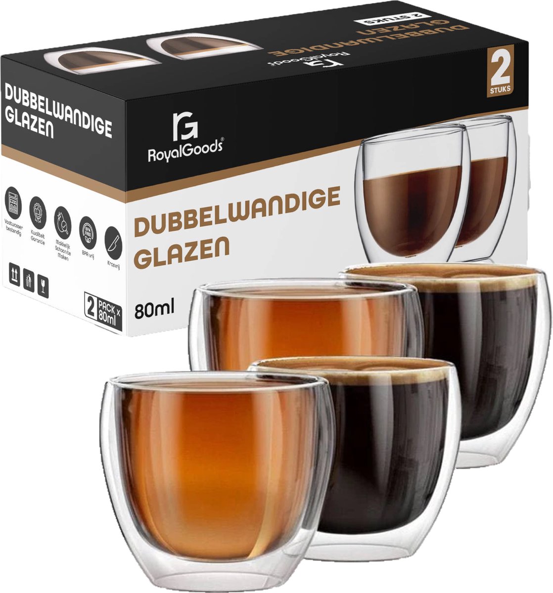 RoyalGoods® Dubbelwandige Glazen – Koffieglazen – 80ML – 4 Stuks – Espresso  Glazen | bol.com