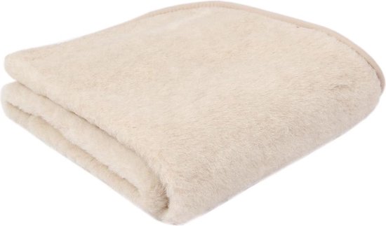 Crème wollen matrastopper, opgevouwen, met beige randafwerking.