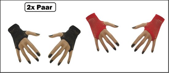 2x Paar nethandschoenen vingerloos zwart en rood - Themaparty - Festival thema feest disco neon verjaardag verkleed feest