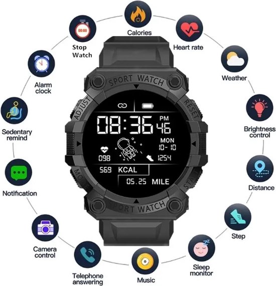 Sporthorloge - voor Android IOS - smartwatch - sporten - fitness - zwart - heren - dames - hartslag - stappenteller - timer - bloeddrukmeter