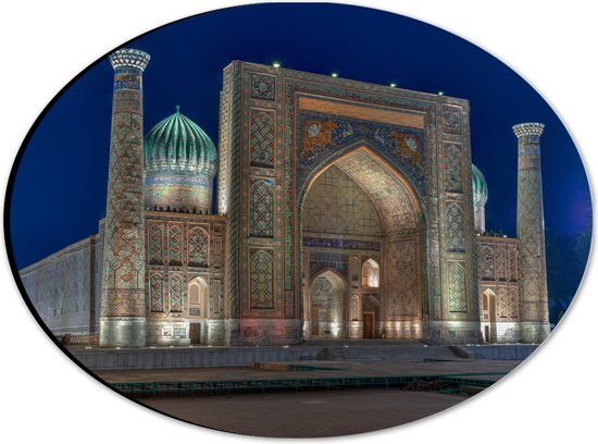Dibond Ovaal - Sher Dor Madrasah Tempel in Oezbekistan - 28x21 cm Foto op Ovaal (Met Ophangsysteem)