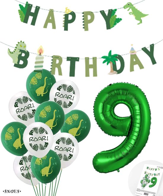 Cijfer Ballon 9 Jaar - Dinosaurus - Dino Plus pakket - Groen - Helium Ballon - Snoes