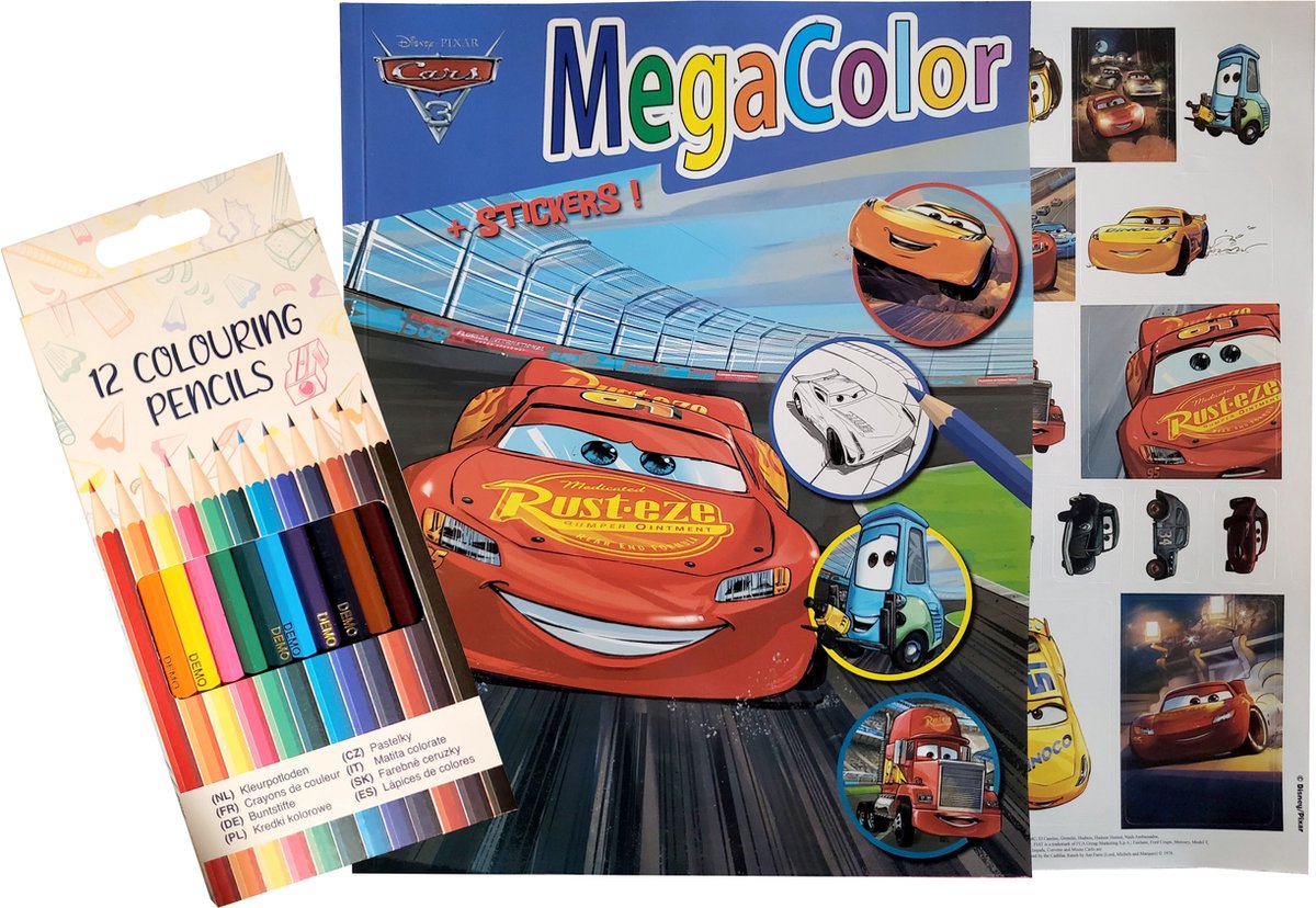 Disney Pixar Cars - Kleurboek - donker blauw - 130 kleurplaten - met 12 kleurpotloden - 25 stickers - Megacolor - knutselen - cadeau - kado - verjaardag - Mqueen