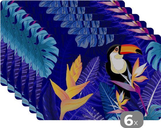 Placemat - Placemats kunststof - Jungle - Toekan - Bloemen - Planten - Kinderen - Paars - Dieren - 45x30 cm - 6 stuks - Hittebestendig - Anti-Slip - Onderlegger - Afneembaar