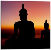 PVC Schuimplaat - Silhouet van Boeddha's bij Feloranje Zonsondergang - 50x50 cm Foto op PVC Schuimplaat (Met Ophangsysteem)