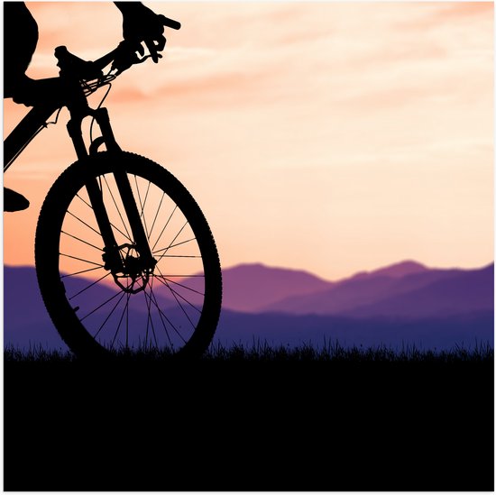 Poster Glanzend – Silhouet van Persoon op Mountainbike Fietsend door Berggebied - 50x50 cm Foto op Posterpapier met Glanzende Afwerking