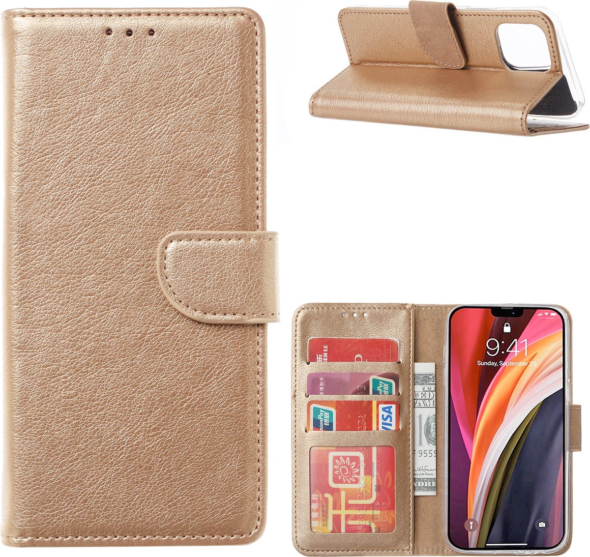 Cityhoesje - iPhone 14 Plus - Bookcase incl. Pasjeshouder - Goud