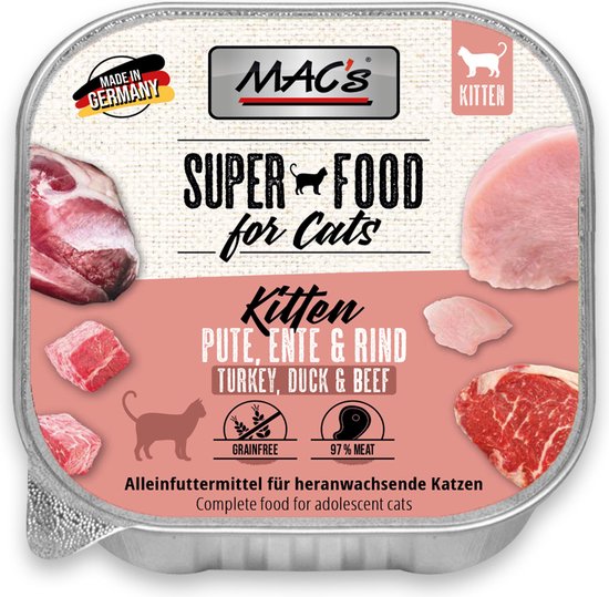 Blikje kattenvoer met foto's van rauw vlees, met 'Super Food for Cats Kitten PURE TURKEY, DUCK & BEEF'.