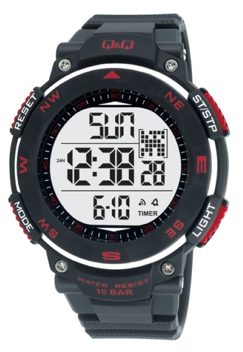 QQ-Heren-Horloge-Digitaal-Waterdicht-10BAR-Zwemmen-Sporten-Rubber-Backlight-Stopwatch-Dual Time-Countdown Timer-5 alarmen in te stellen-42MM-Rood-Zwart