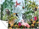Muurdecoratie buiten Jungle - Natuur - Jongens - Meisjes - Kinderen - Zebra - Flamingo - 160x120 cm - Tuindoek - Buitenposter