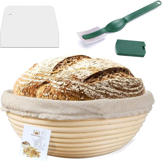 Bondoo Rijsmandje Ø 23 cm - Broodbakken - Banneton - Rijsmandje Brood - Rijsmand Rond - Zuurdesem starter set - incl Deegkleed - Deegmesje - Deegschraper - Sinterklaas cadeau