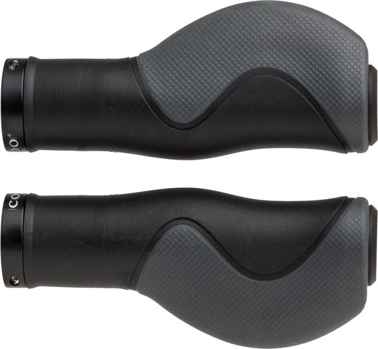 Twee zwarte CORDO handvatten met extra brede grijze ergonomische gripzones.