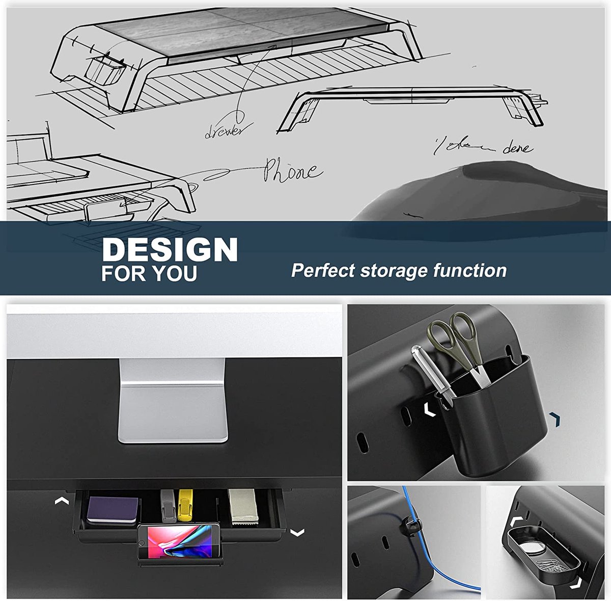 Support pour deux moniteurs de Fenge – Support pour moniteur d'ordinateur à  3 tablettes, support de bureau en bois avec longueur et angle réglables,  accessoires de bureau, chêne