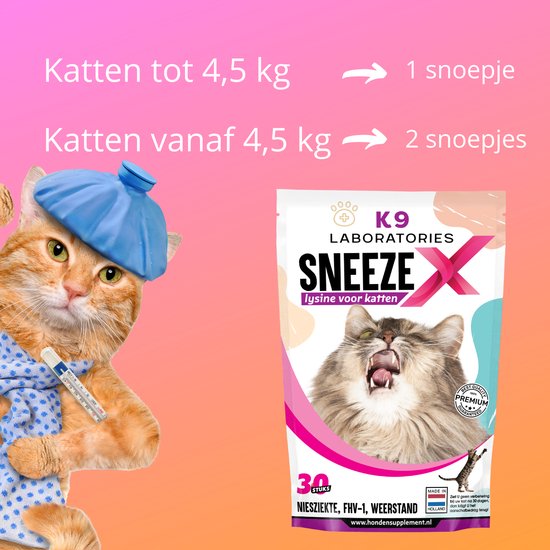 Sneeze X - Voedingssupplement voor katten - Bij niesziekte - FHV-1 - L-lysine - 30 stuks - Weerstand kat - K9 laboratories