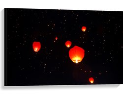 Canvas - Brandende Lampionnen Vliegend naar Sterrenhemel - 90x60 cm Foto op Canvas Schilderij (Wanddecoratie op Canvas)