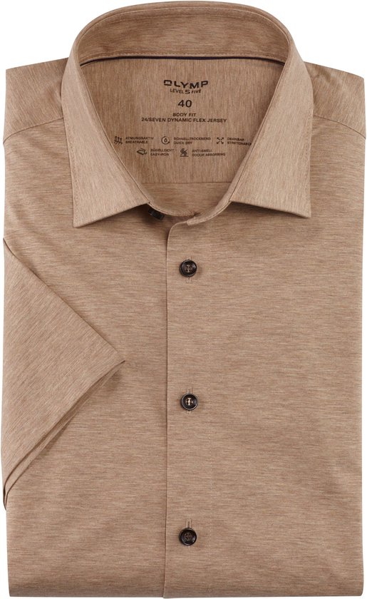 OLYMP - Short Sleeve Overhemd Lvl 5 24/Seven Beige - Heren - Maat 42 - Body-fit