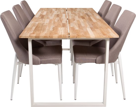 CirebonTeak coin repas table de salle à manger teck et 6 salle à manger Leone 2.0 stable gris, blanc.