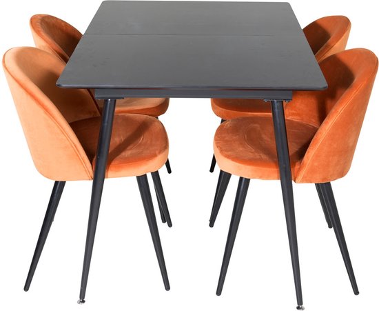 SilarBLExt eethoek eetkamertafel uitschuifbare tafel lengte cm 120 / 160 zwart en 4 Velvet eetkamerstal velours oranje, zwart.