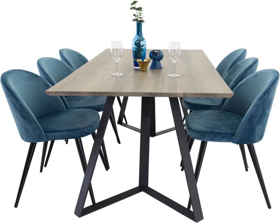 MarinaGRBL eethoek eetkamertafel el hout decor grijs en 6 Velvet eetkamerstal velours blauw, zwart.