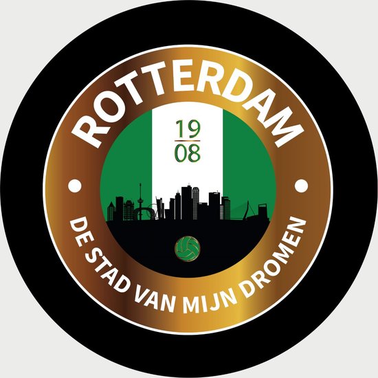 Feyenoord Schilderij - Rotterdam Skyline - Voetbal - Muurcirkel - Poster - Wanddecoratie op Aluminium (Dibond) - 60x60cm - Inclusief Gratis Ophangsysteem