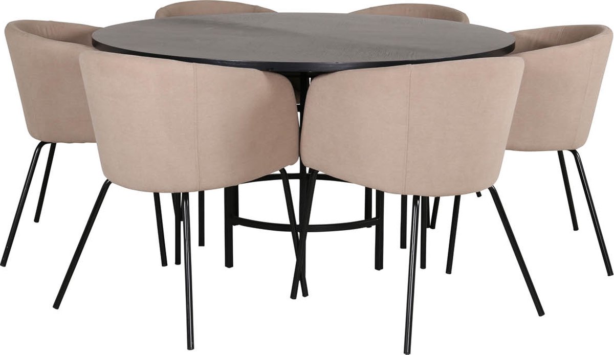 Copenhagen eethoek eetkamertafel bruin en 6 Berit eetkamerstal beige.