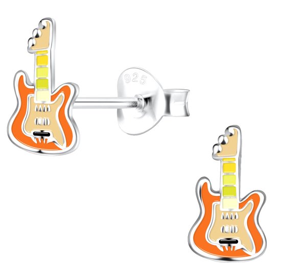 Joy|S - Zilveren gitaar oorbellen - 5 x 9 mm - oranje geel - kinderoorbellen