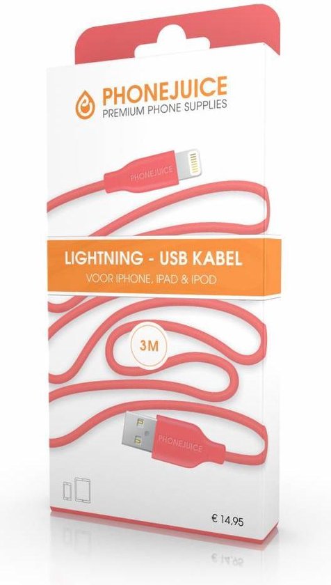 3 meter lange iPhone 5 / 6 / 7 / 8 / X / iPad lightning kabel – Roze |  bol.com