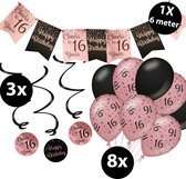 Verjaardag Versiering Pakket 16 jaar Roze en Zwart - Ballonnen Zwart & Roze (8 stuks) - Vlaggenlijn Rosé en Zwart 6 meter (1 stuks) - Vlaggenlijn gekleurd 16 jarige - Vlaggetjes Slinger Verjaardag 16 Birthday - Birthday Party Decoratie (16 Jaar)