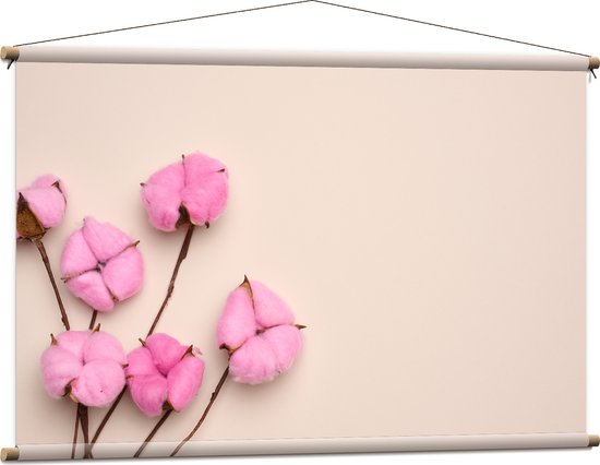 Textielposter - Roze Katoenbollen aan Takken tegen Lichtroze Achtergrond - 120x80 cm Foto op Textiel