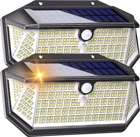 HappyLeds Wandlamp Buiten op Zonne Energie - Buitenlamp met Bewegingssensor - Solar Tuinverlichting - Oplaadbaar - 2 Stuks - 266 LED’s