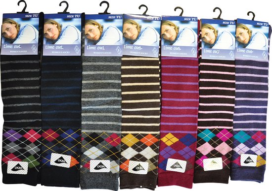 Dames KNIEKOUS - strepen/ruiten - 6 paar - one size - losse elastiek - 78% katoen - chaussettes socks