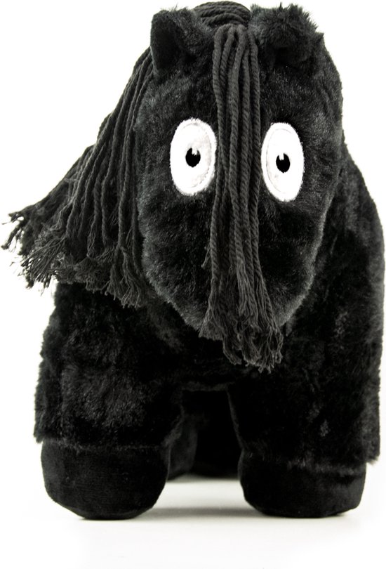 Zwarte knuffelpony met grote witte ogen en dikke zwarte manen.