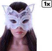 Luxe Oogmasker poes/kat met kant en marabou wit - Themafeest festival party masker