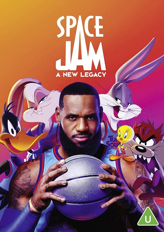 DVD hoes van Space Jam: A New Legacy met LeBron James die een basketbal vasthoudt, omringd door Looney Tunes-personages.
