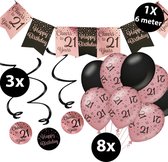 Verjaardag Versiering Pakket 21 jaar Roze en Zwart - Ballonnen Zwart & Roze (8 stuks) - Vlaggenlijn Rosé en Zwart 6 meter (1 stuks) - Vlaggenlijn gekleurd 21 jarige - Vlaggetjes Slinger Verjaardag 21 Birthday - Birthday Party Decoratie (21 Jaar)