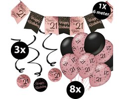 Verjaardag Versiering Pakket 21 jaar Roze en Zwart - Ballonnen Zwart & Roze (8 stuks) - Vlaggenlijn Rosé en Zwart 6 meter (1 stuks) - Vlaggenlijn gekleurd 21 jarige - Vlaggetjes Slinger Verjaardag 21 Birthday - Birthday Party Decoratie (21 Jaar)