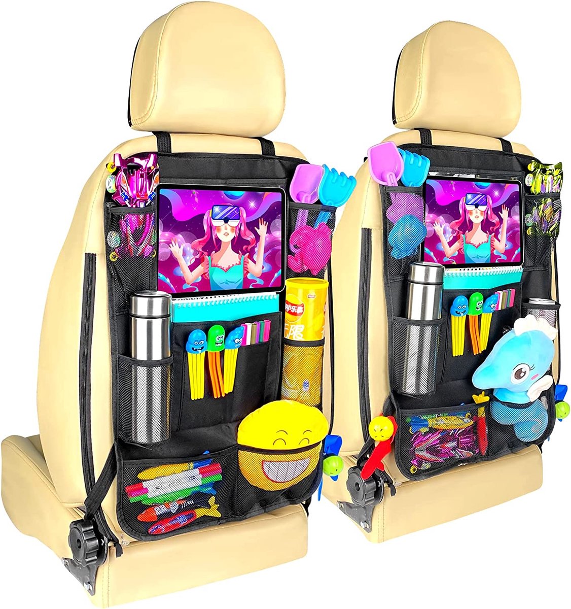 Image of 2 stuks auto-rugleuning bescherming ondersteuning multi-pocket organizer, Oxford doek voorkomen kick auto achterbank grote organizer auto stoel organizer kinder auto achterbank organizer
