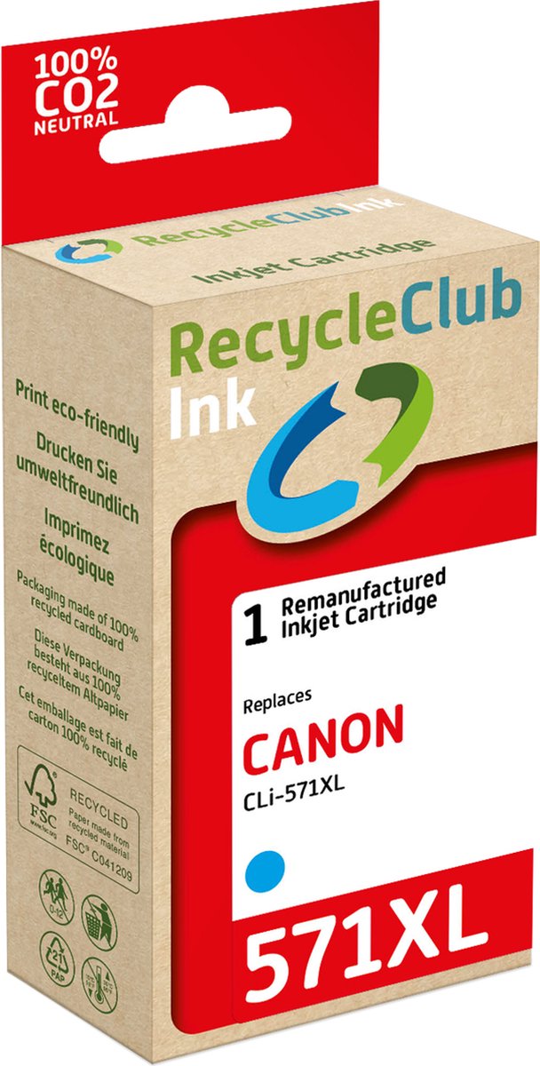 RecycleClub inktcartridge - Inktpatroon - Geschikt voor Canon - Alternatief voor Canon CLi-571XL Cyaan - Blauw 13ml - 810 pagina's