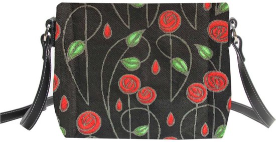 Schoudertas - Gobelinstof - Simple Rose Black - Rozen - zwarte achtergrond - Charles Rennie Mackintosh