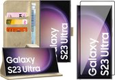 Hoesje geschikt voor Samsung Galaxy S23 Ultra - Screen Protector FlexGuard - Book Case Leer Pasjeshouder Goud & Screenprotector