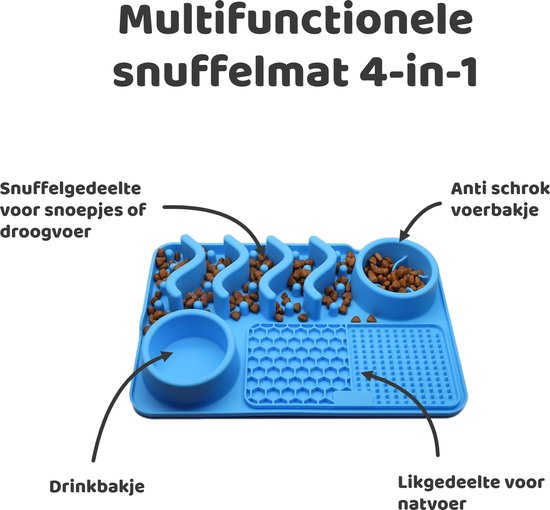 Blauwe 4-in-1 siliconen snuffelmat met drinkbakje, likgedeelte, anti-schrok voerbakje en snuffelgedeelte voor droogvoer.