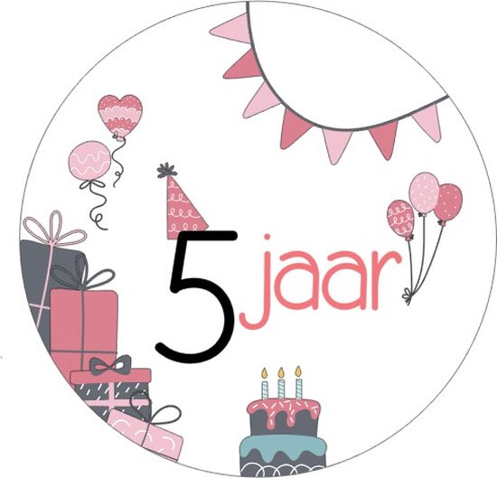 25x Sluitsticker 5 Jaar - Roze - 40 mm - Meiden Sticker - Sluitzegel - Sticker Verjaardag meisjes - Ballonnen - Cadeau's Kado's - Glossy - Sluitzegel - Wensetiket - Uitdelen - Jarig - Trakteren - Hoera