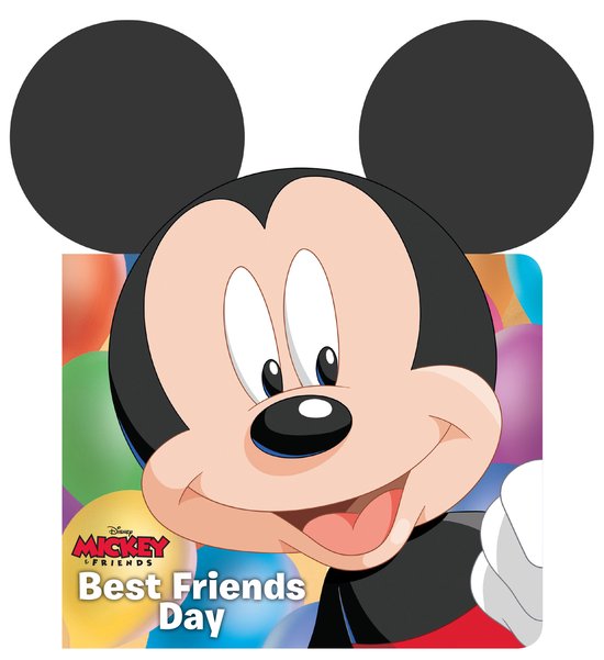 Mickey Mouse met grote zwarte oren en een glimlach, op de achtergrond kleurrijke ballonnen en de tekst 'Disney Mickey Friends Best Friends Day'.