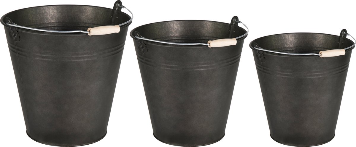 Goedkoopste Emmer/plantenpot/bloempot - set van 3x stuks - zink - zwart